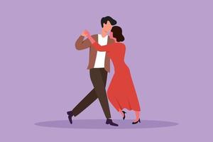 Cartoon flat style drawing young man and woman performing dance at school, studio, party. Male and female characters dancing tango at Milonga. Happy couple dancing. Graphic design vector illustration
