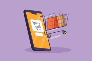 Cartoon flat style drawing shopping cart out of smartphone. Sale, digital lifestyle, and consumerism concept. E-commerce digital marketing. Online store technology. Graphic design vector illustration