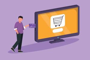 Graphic flat design drawing young man inserting credit card into large monitor screen with shopping cart inside. E-commerce, digital payment and online store concept. Cartoon style vector illustration