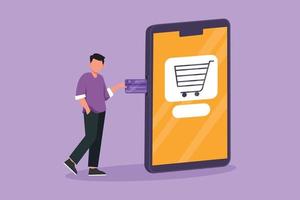 Graphic flat design drawing young man inserting credit card into large smartphone screen with shopping cart inside. Digital payment and online store technology. Cartoon draw style vector illustration