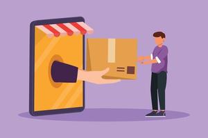 Cartoon flat style drawing young man receives package box from big hand that came out of large canopy smartphone screen. Digital delivery and online store concept. Graphic design vector illustration