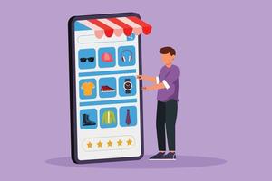 Character flat drawing young man choosing shopping items on a giant smartphone screen. Digital lifestyle with internet and gadget concept. Online store technology. Cartoon design vector illustration