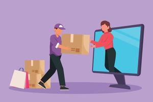 Cartoon flat style drawing of female customer receives boxed package, through computer monitor screen from male courier. Online delivery service. Online store tech. Graphic design vector illustration