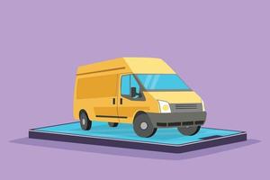 Graphic flat design drawing delivery car for deliver boxes packages on smartphone screen. Online store delivery service transportation. Fast delivery parcel concept. Cartoon style vector illustration