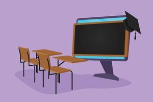 Graphic flat design drawing empty study chairs and desks facing giant computer monitor screen in which there is blackboard and graduation cap on top. Webinar concept. Cartoon style vector illustration