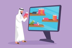 Character flat drawing young Arab male student reading book while standing in front of giant computer monitor with bookshelf on screen. Digital education technology. Cartoon design vector illustration