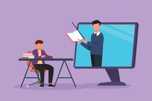 Graphic flat design drawing male student sitting on chair with desk studying staring at giant monitor screen and inside laptop there is male lecturer who is teaching. Cartoon style vector illustration