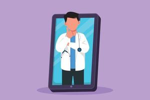 Cartoon flat style drawing male doctor comes out of smartphone screen while making thumb up gesture. Online consultation doctor concept. Digital healthcare metaphor. Graphic design vector illustration