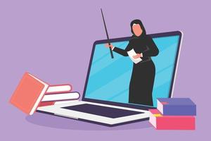 Graphic flat design drawing beauty Arab female teacher teaching, half of her body is out of laptop computer screen with pile of book. internet class. Online learning. Cartoon style vector illustration