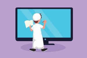 dibujos animados de estilo plano que dibujan la vista posterior de un estudiante de preescolar árabe que escribe en una gran pantalla de monitor de computadora como si estuviera escribiendo en una pizarra. niño pequeño aprendiendo. ilustración vectorial de diseño gráfico vector