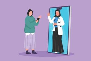 personaje de dibujo plano paciente árabe sosteniendo un teléfono inteligente de pie frente a un teléfono inteligente gigante y consultando a una doctora. médico en línea o atención médica digital. ilustración vectorial de diseño de dibujos animados