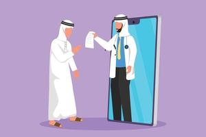 Character flat drawing Arabian man patient receiving prescription from male doctor coming out of smartphone screen. Online medical healthcare consultation concept. Cartoon design vector illustration