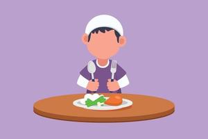 dibujos animados de estilo plano dibujando a un niño comiendo un desayuno saludable por la mañana. niño árabe feliz come comida deliciosa con pollo frito en casa. colegial disfrutando del plato. ilustración vectorial de diseño gráfico vector