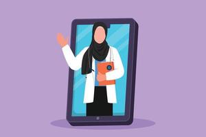 Graphic flat design drawing Arab female doctor come out of smartphone screen holding clipboard. Online medical app service. Digital healthcare consultation metaphor. Cartoon style vector illustration