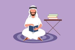 Character flat drawing Arabian male reading, learning and sitting on the floor. Pile of books on table. Study in library. Intelligent student, education, book fair. Cartoon design vector illustration