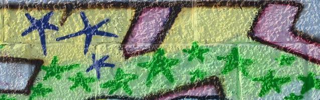 Fragment of graffiti drawings. The old wall decorated with paint stains in the style of street art culture. Colored background texture in green tones photo