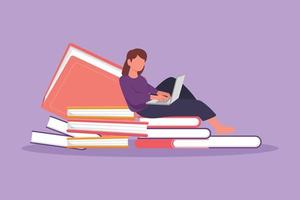 Character flat drawing young woman studying with laptop sitting and leaning on big books. Back to school, intelligent female student, online learning education. Cartoon draw design vector illustration
