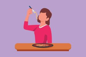 Graphic flat design drawing beauty woman having spaghetti meal with fork. Young female enjoy lunch with noodle at restaurant. Delicious and tasty fast food concept. Cartoon style vector illustration