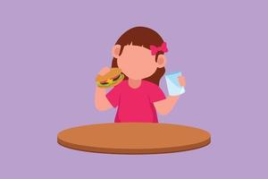 Cartoon flat style drawing beauty little girl sitting at table and eating hamburger. Tasty street burger fast food concept. Unhealthy snack for preschool kid child. Graphic design vector illustration