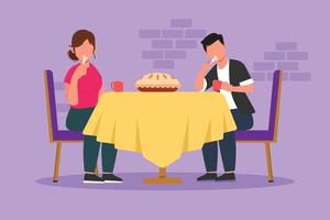 Character flat drawing tea time with cake. Happy young couple sitting and talking, drinks and eat. Apartment room, friend evening with cookie and coffee. Cozy home. Cartoon design vector illustration