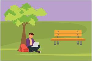 Cartoon flat style drawing young businessman sitting in park under a tree and working with laptop. Smart male student typing computer keyboard and studying outdoor. Graphic design vector illustration