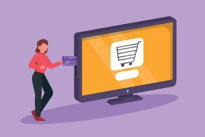 Character flat drawing beauty young woman inserting credit card into big monitor screen with shopping cart inside. E-shop, digital payment and online store concept. Cartoon design vector illustration