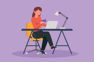 Graphic flat design drawing young woman sitting on chair and typing entering credit card code on laptop around desk. Digital payment, online store technology concept. Cartoon style vector illustration