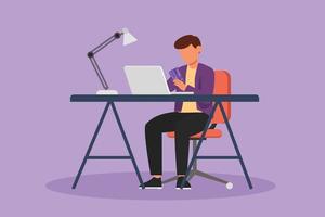 Cartoon flat style drawing young man sitting on chair and typing entering credit card code on laptop around desk. Digital payment, online store technology concept. Graphic design vector illustration