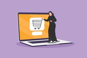 diseño gráfico plano dibujando una mujer árabe de pie y comprando en línea a través de una pantalla gigante de computadora portátil con carrito de compras dentro. tecnología de tienda digital, concepto de consumismo. ilustración vectorial de estilo de dibujos animados vector