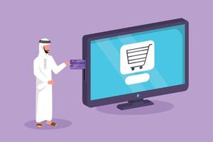 Cartoon flat style drawing Arab man inserting credit card into large monitor screen with shopping cart inside. E-commerce, digital payment and online store concept. Graphic design vector illustration