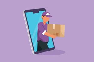 Character flat drawing male courier delivers box package, through smartphone screen. E-commerce. Online delivery service. Fast delivery parcel concept. Online store. Cartoon design vector illustration