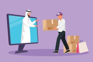 Cartoon flat style drawing Arab man customer receives boxed package, through computer monitor screen from male courier. Online delivery service. Online store tech. Graphic design vector illustration