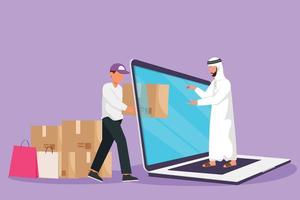 Character flat drawing male courier deliver box package and through laptop computer screen to Arabian man customer. Online delivery service. Online store metaphor. Cartoon design vector illustration