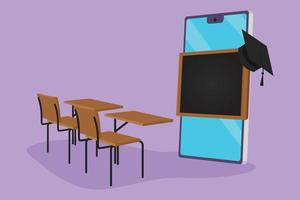 Cartoon flat style drawing empty study chairs and desks facing smartphone screen in which there is whiteboard and graduation cap on top. E-learning webinar metaphor. Graphic design vector illustration