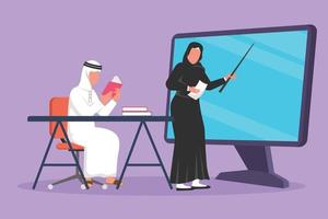 Graphic flat design drawing Arab female teacher standing in front of monitor screen holding book and teaching senior high school student sitting on chair near desk. Cartoon style vector illustration