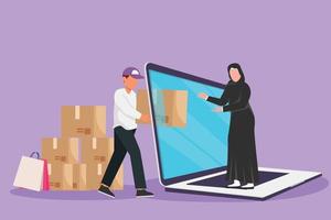 Graphic flat design draw male courier deliver box package and through laptop computer screen to Arab female customer. Online delivery service. Online store metaphor. Cartoon style vector illustration