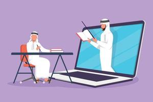 Graphic flat design drawing Arab male student sitting on chair with desk studying staring at laptop screen and inside laptop there is male lecturer who is teaching. Cartoon style vector illustration