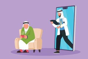 Cartoon flat style drawing of male patient having fever sitting on sofa, using blanket, holding mug and Arabian male doctor walking out of smartphone with clipboard. Graphic design vector illustration