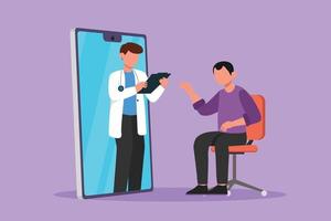 Cartoon flat style drawing male doctor come out of smartphone screen, holding clipboard, checking condition of male patient sitting on chair. Online medical concept. Graphic design vector illustration