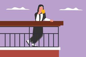 mujer árabe de dibujo plano de personaje se para en el balcón y bebe café. quédese en casa en cuarentena durante el coronavirus. quédate en casa, mantente a salvo. la gente mantiene su distancia. ilustración vectorial de diseño de dibujos animados vector