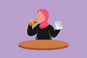 Graphic flat design drawing beauty Arabian little girl sitting at table and eating hamburger. Tasty street burger fast food. Unhealthy snack for preschool kid child. Cartoon style vector illustration