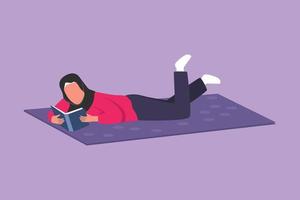 Graphic flat design drawing Arab woman lying and reading books at home. Student studying and preparing for exam with textbooks. Beauty female reader with literature. Cartoon style vector illustration