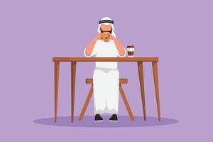 Graphic flat design drawing Arabian man holding and eating hamburger fast food in restaurant. Male having lunch with burger and coffee in paper cup. Unhealthy diet. Cartoon style vector illustration