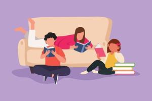 Character flat drawing friendly family reads books together in living room at home. Parents and children are sitting on couch. The concept of joint family reading. Cartoon design vector illustration