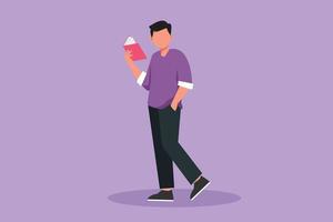 Graphic flat design drawing of smart guy standing and reading book. Young man love to read. Male students with open books in hands. Education and knowledge concept. Cartoon style vector illustration