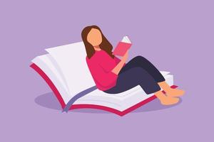 Character flat drawing young female reading, learning and sitting on open big book. Smart student studying in library. Literature fans, booklover, education concept. Cartoon design vector illustration