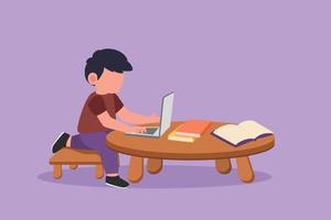 Character flat drawing child at computer and open book on table. Little boy learning online at desk with laptop. Student studying code. Kid at monitor programming. Cartoon design vector illustration