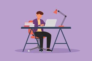 Character flat drawing young male studying with laptop, desk lamp, pile of book. Back to school, intelligent student, online learning education. Businessman working. Cartoon design vector illustration