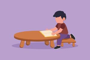 Graphic flat design drawing of little boy reading and studying on table with stationery. Kid doing homework from school. Intelligent student. Education and knowledge. Cartoon style vector illustration