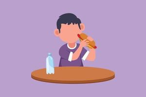 Graphic flat design drawing adorable little boy sitting at table and eating hotdog sandwich. Tasty street fast food concept. Unhealthy snack for preschool kid child. Cartoon style vector illustration